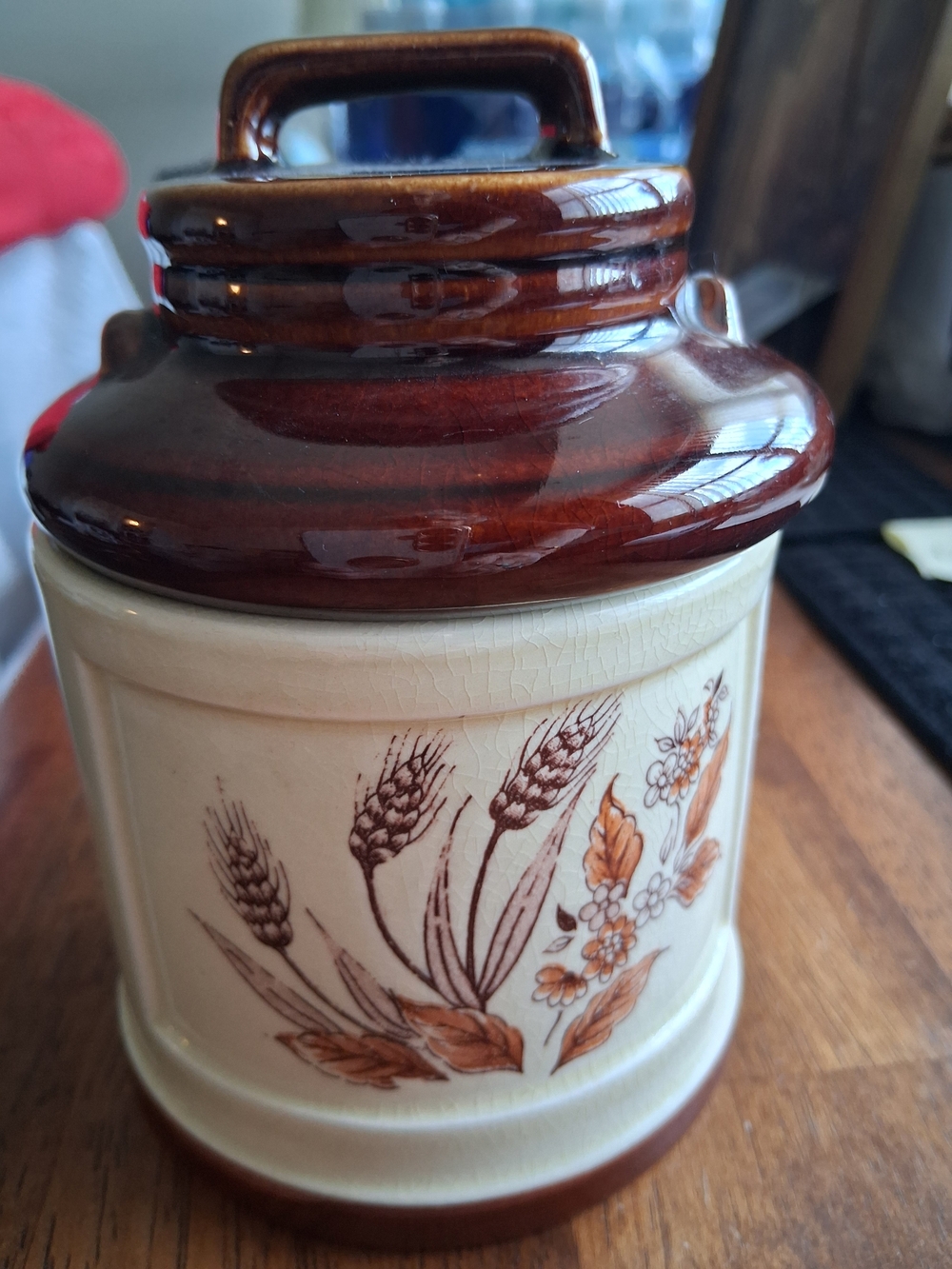 Vintage Ceramic Canister with Brown Floral Wheat Design